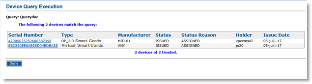 Device Query Execution dialog box with a table displaying the query results